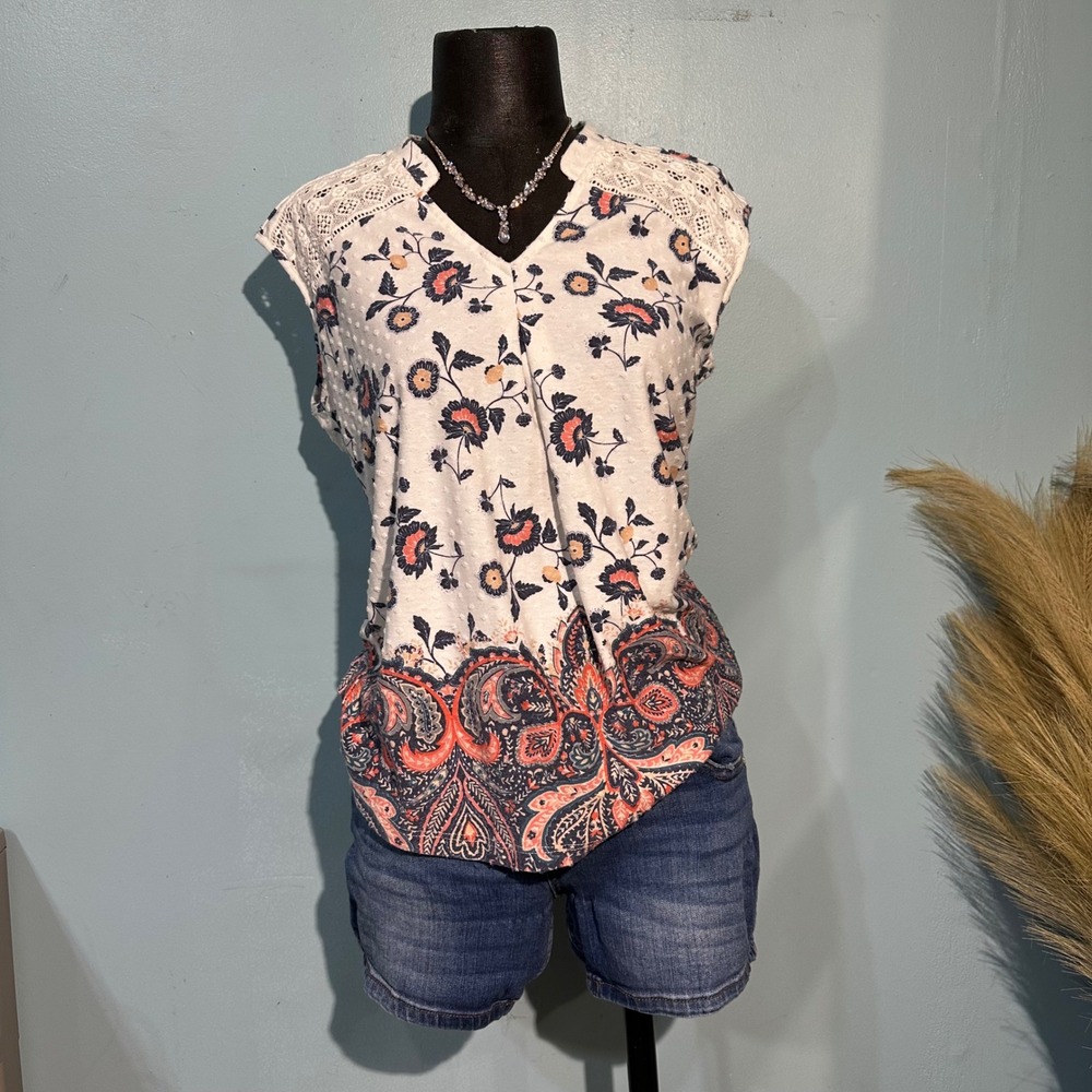 Daniel Rainn White Floral Paisley Lace Shoulder Clip Dot Sleeveless Blouse Small